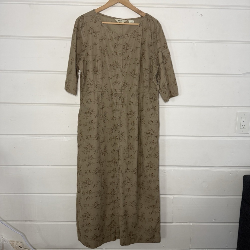 Vintage Eddie Bauer Corduroy Modest Shirt Dress Maxi Size XL Taupe Side Pockets